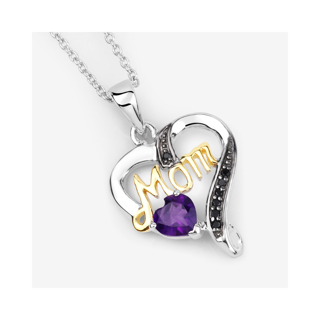 Genuine Amethyst Double Heart Mom Pendant Necklace