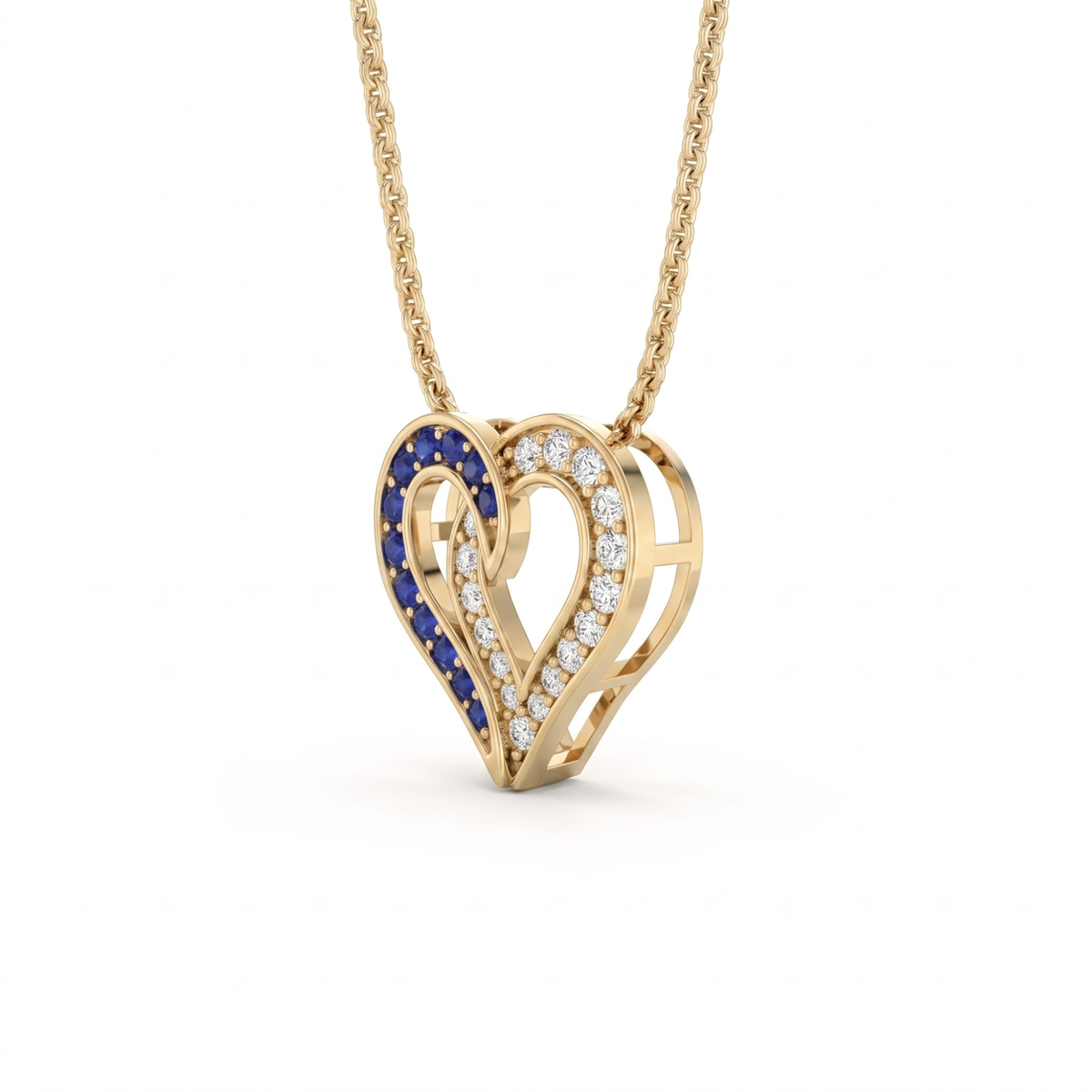0.64 Cttw Round Sapphire and Lab Grown Diamond 14K Gold Pave Open Heart Pendant Necklace