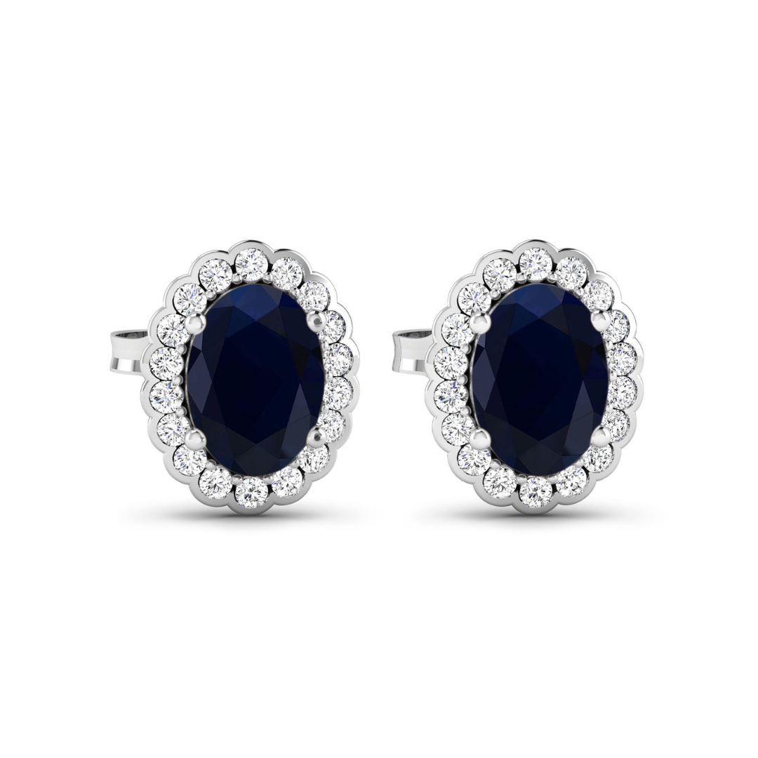 Genuine Diamond and Blue Sapphire Halo Earrings