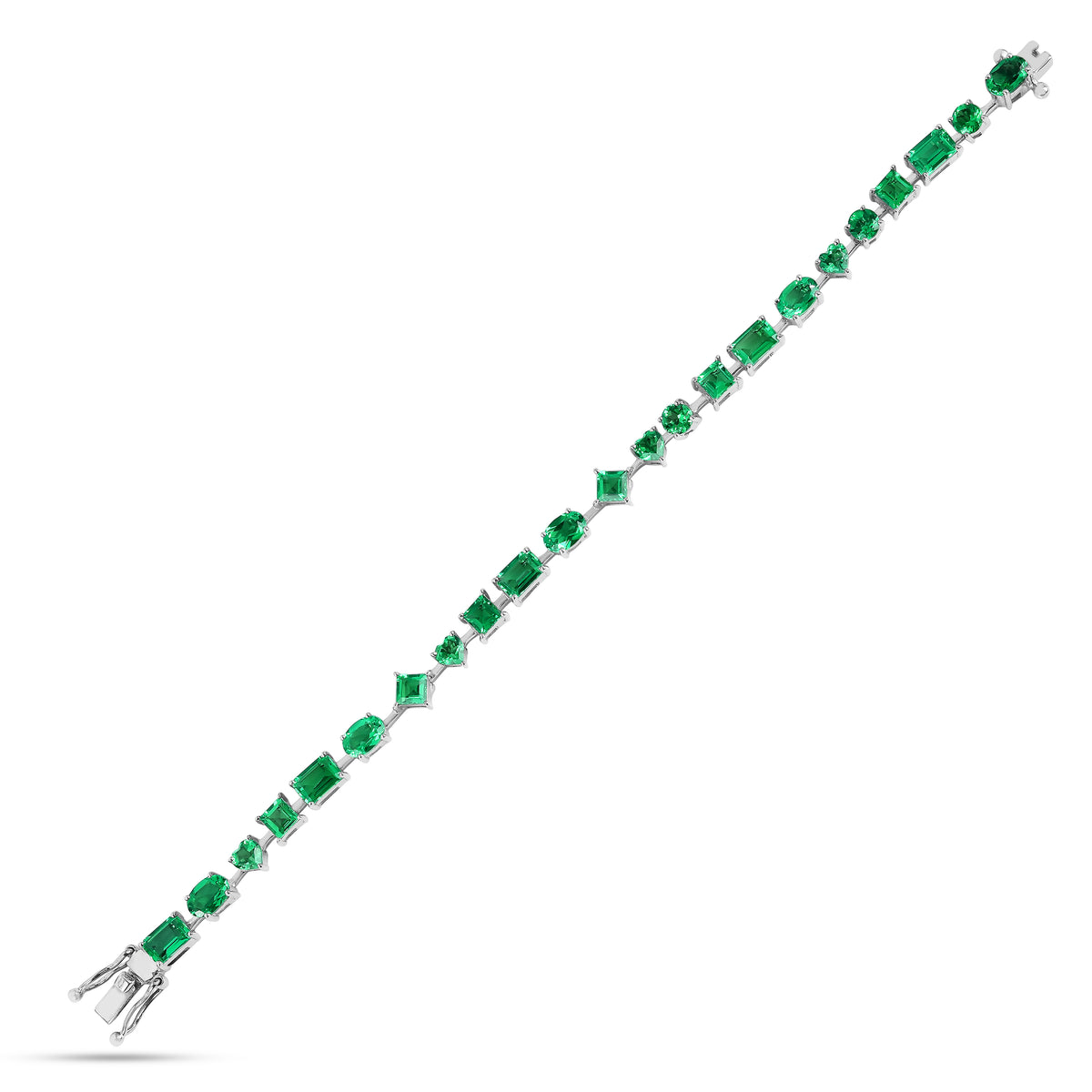9.29 Ct Multi-Shape Green Created Colombian Emerald Rhodium-Plated Sterling Silver Multi-Stone Bracelet