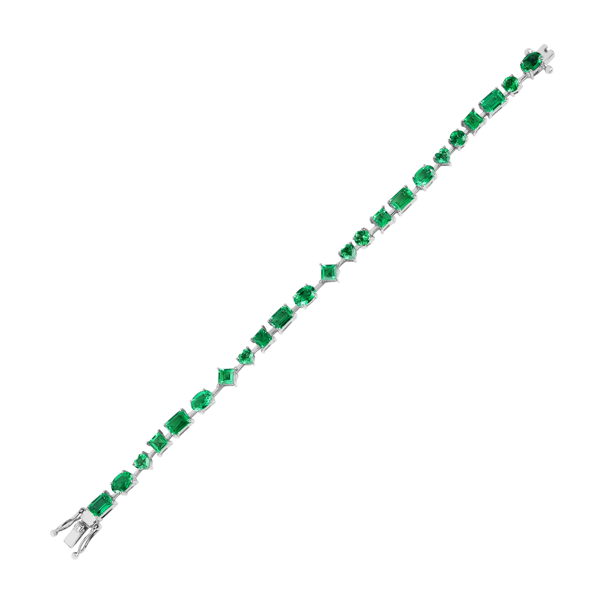 9.29 Ct Multi-Shape Green Created Colombian Emerald Rhodium-Plated Sterling Silver Multi-Stone Bracelet