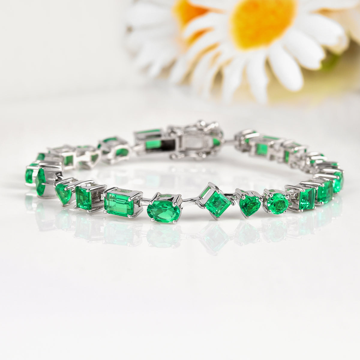 9.29 Ct Multi-Shape Green Created Colombian Emerald Rhodium-Plated Sterling Silver Multi-Stone Bracelet