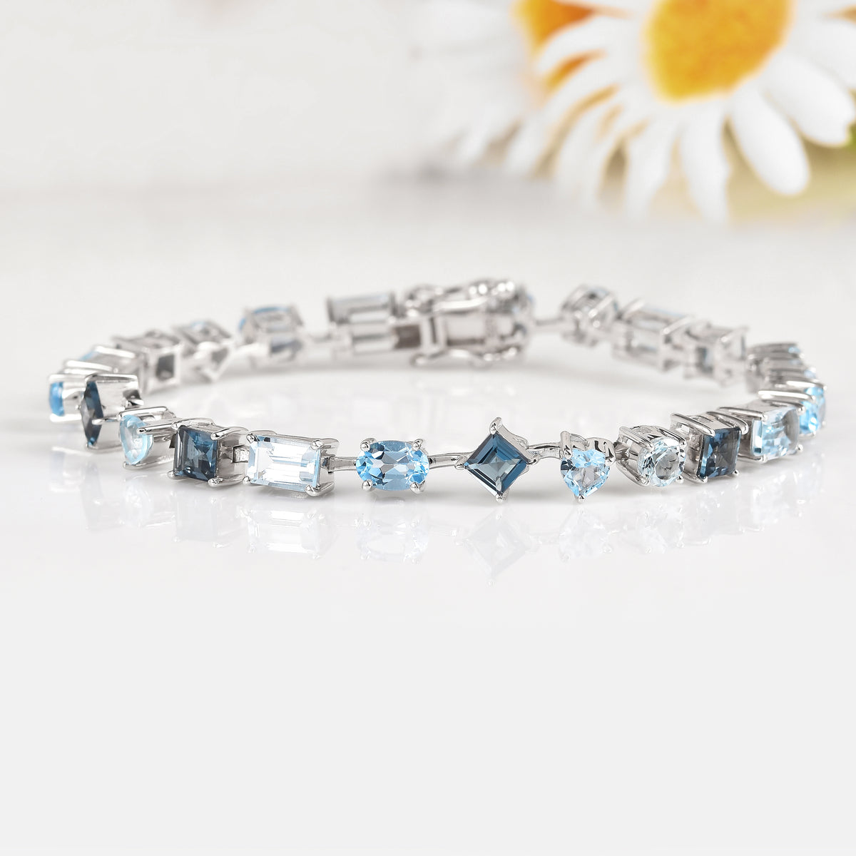 9.53 Ct Multi-Shape Blue Topaz Rhodium-Plated Sterling Silver Multi-Stone Bracelet