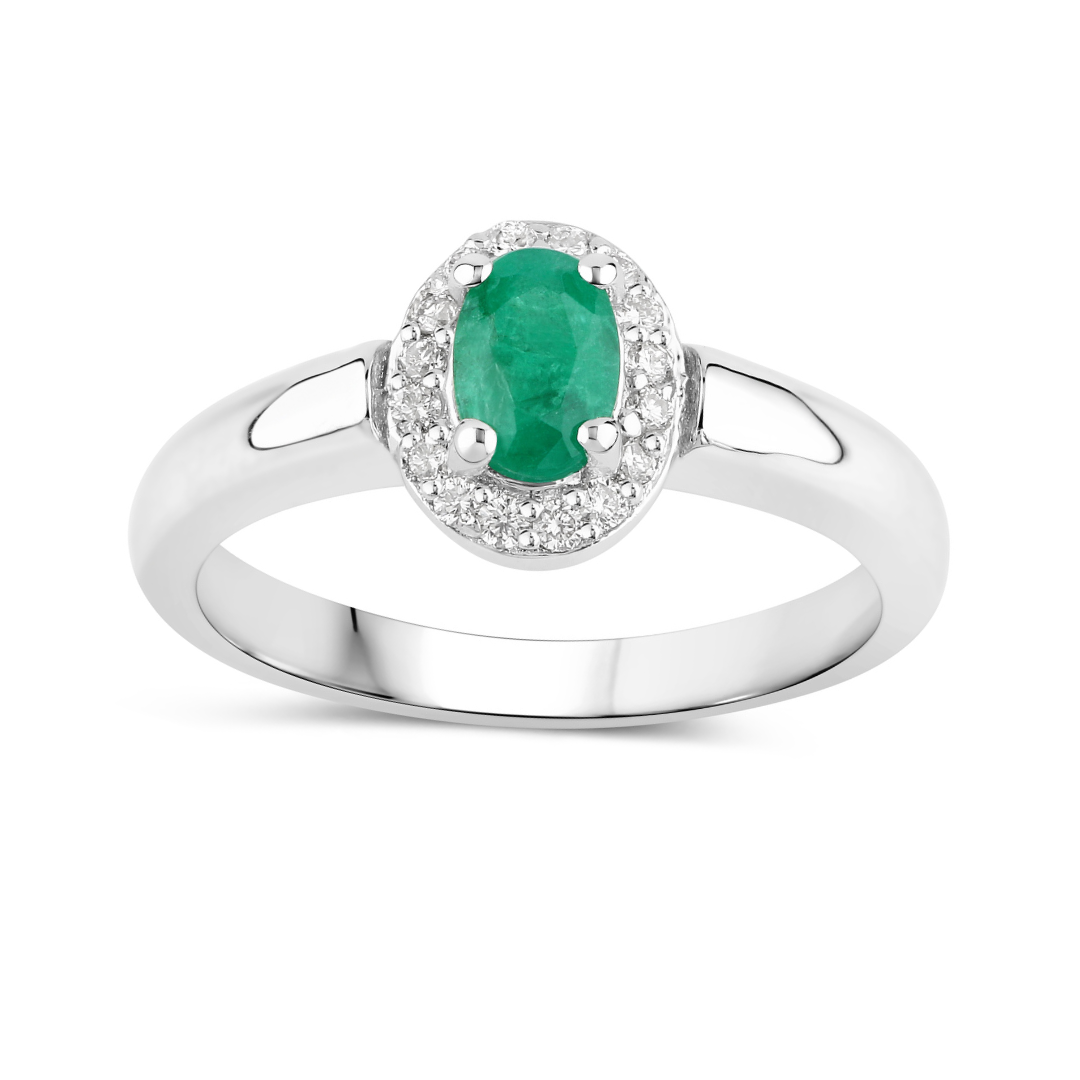Natural Zambian Emerald and Diamond Silver Ring