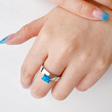 Octagon Cut Offset Rhodium Plated Ring Blue Opal Silver Ring - FineColorJewels