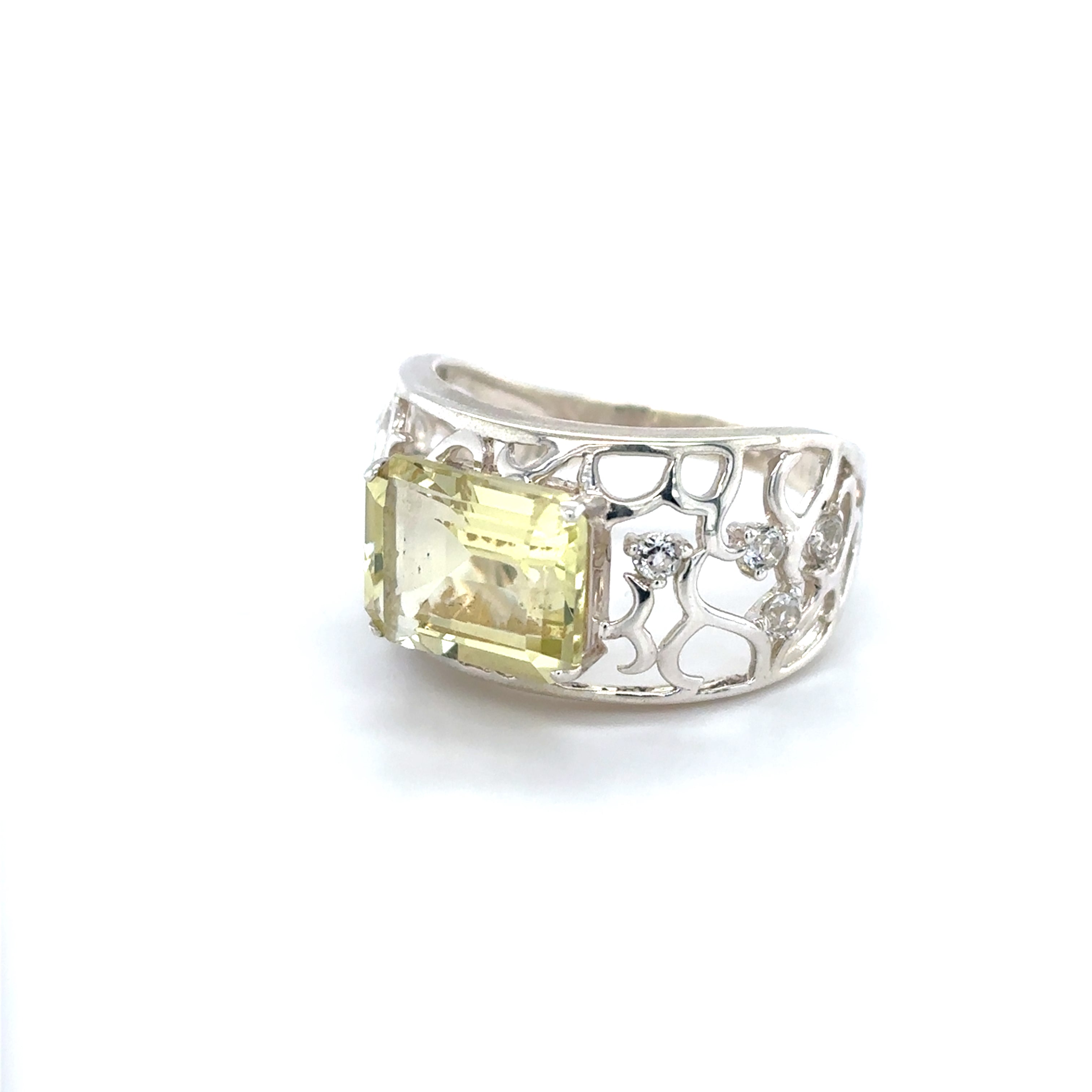 Emerald Cut Lemon Quartz Silver Filigree Ring