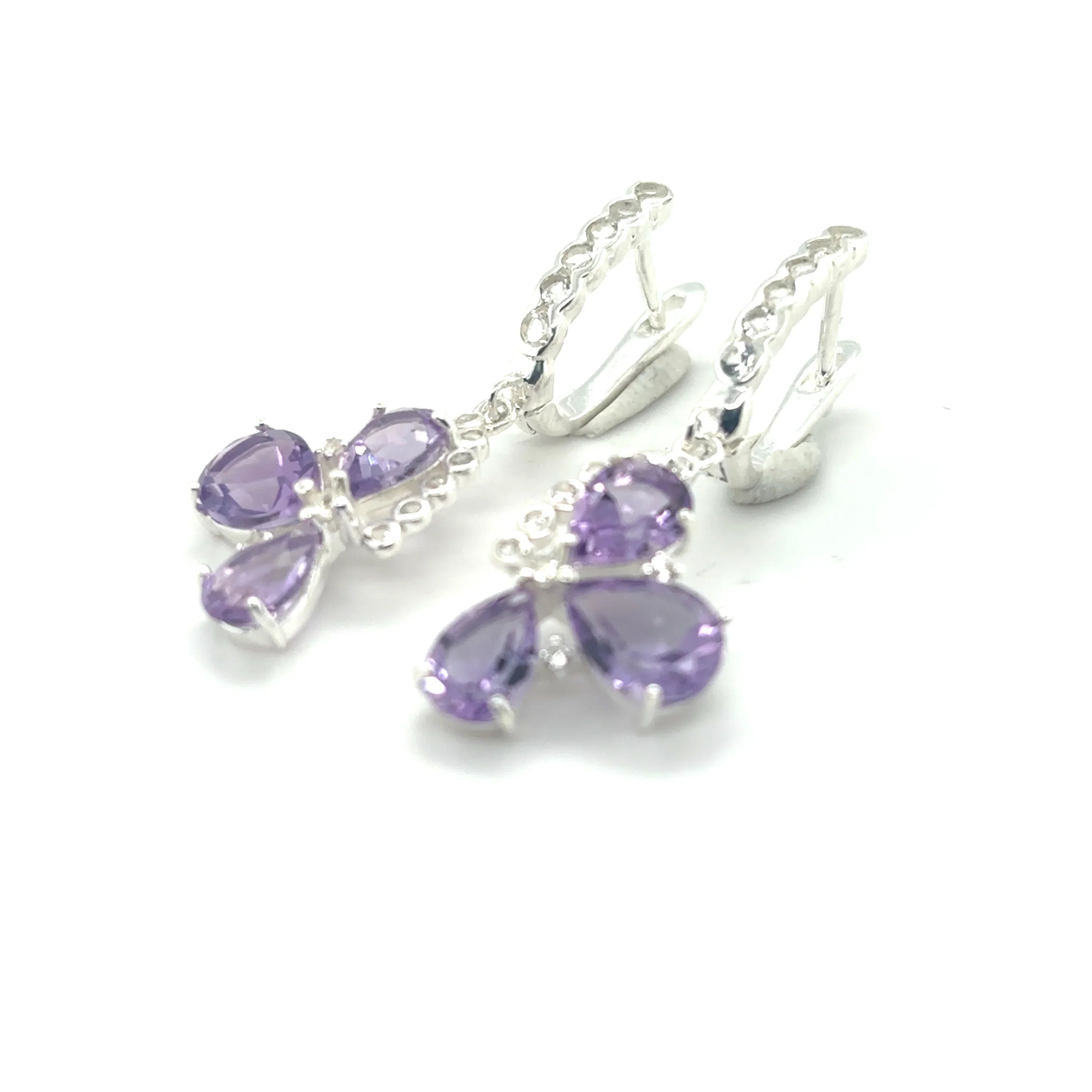 Natural Amethyst Three Stone Silver Dangle Earrings