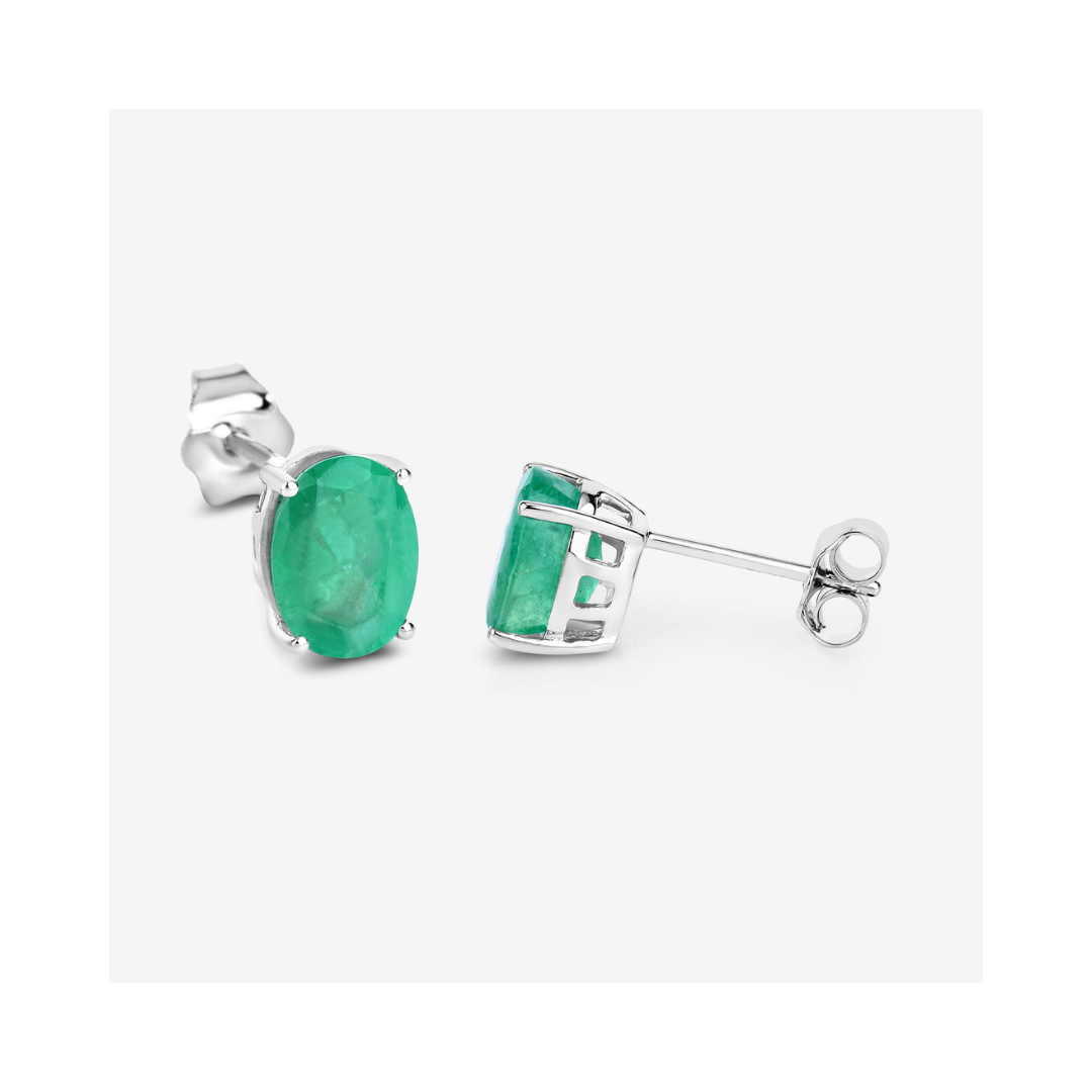 Genuine Green Zambian Emerald Oval Stud Earrings