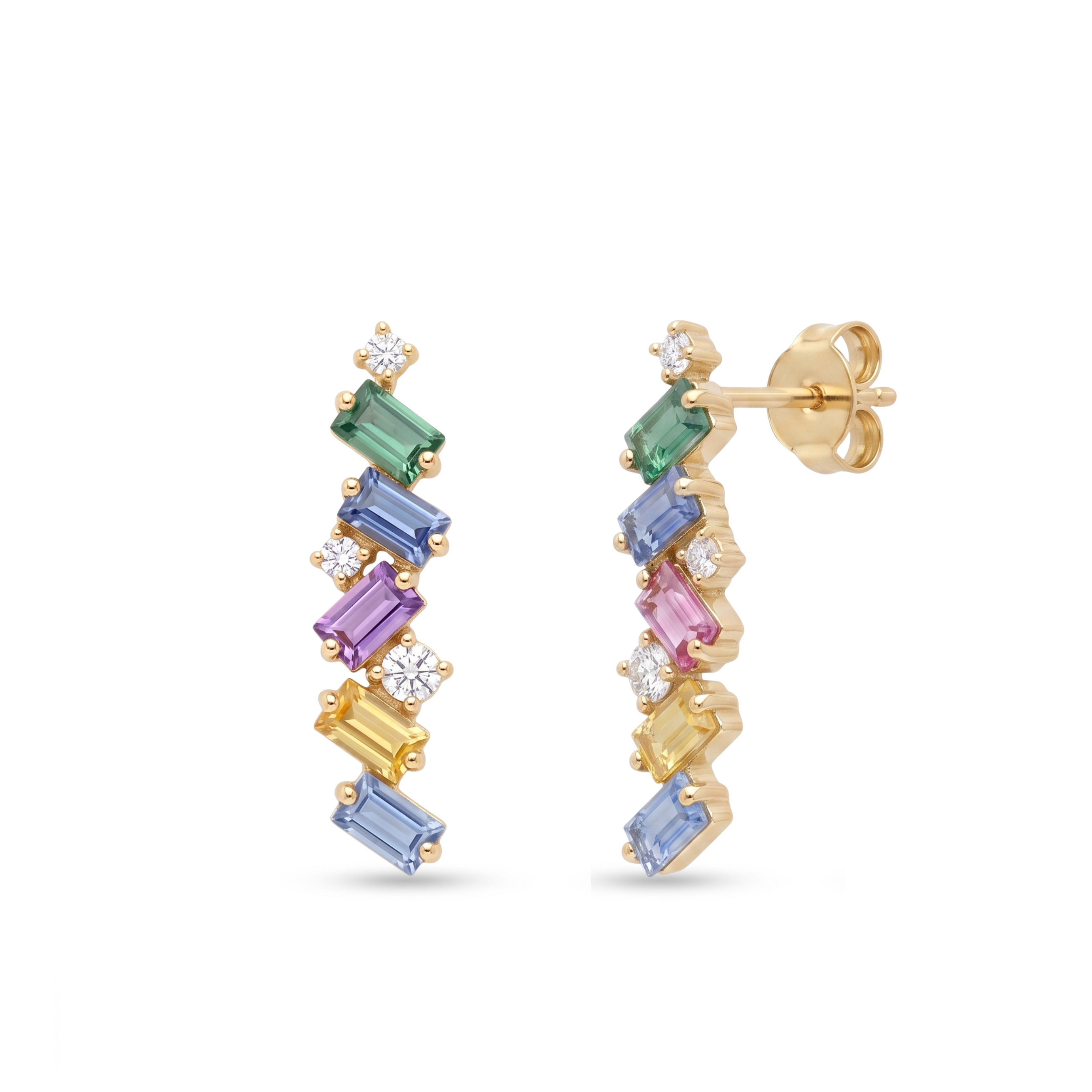 IGI Certified 0.96 Ct Multi Color Unheated Sapphire and Diamond 14K Gold Zigzag Crawler Earrings