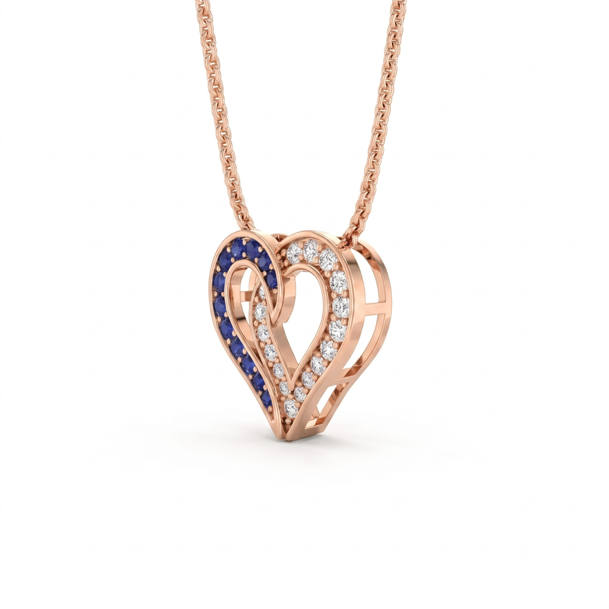 0.64 Cttw Round Sapphire and Lab Grown Diamond 14K Gold Pave Open Heart Pendant Necklace