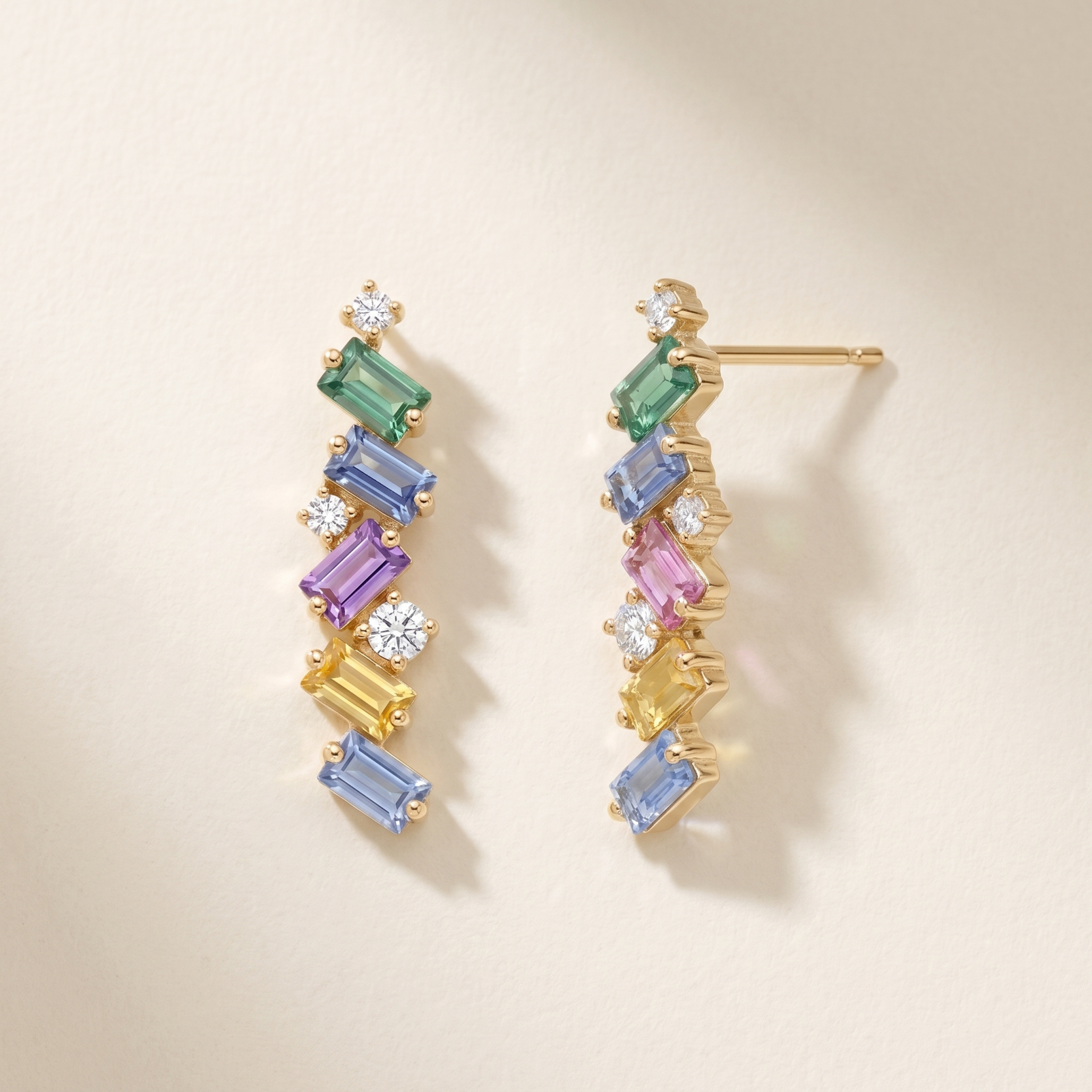 IGI Certified 0.96 Ct Multi Color Unheated Sapphire and Diamond 14K Gold Zigzag Crawler Earrings