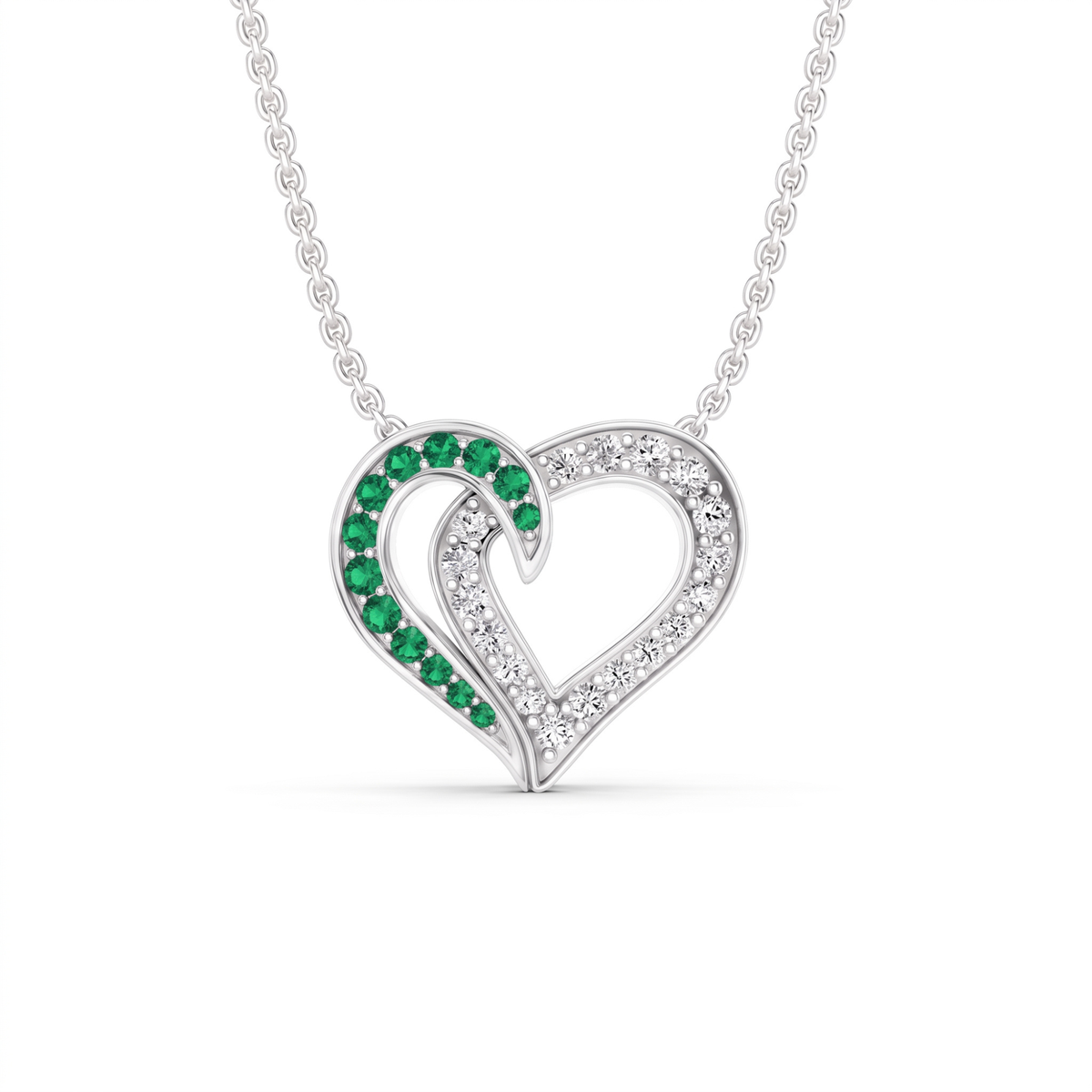0.64 Cttw Round Emerald and Lab Grown Diamond 14K Gold Pave Open Heart Pendant Necklace