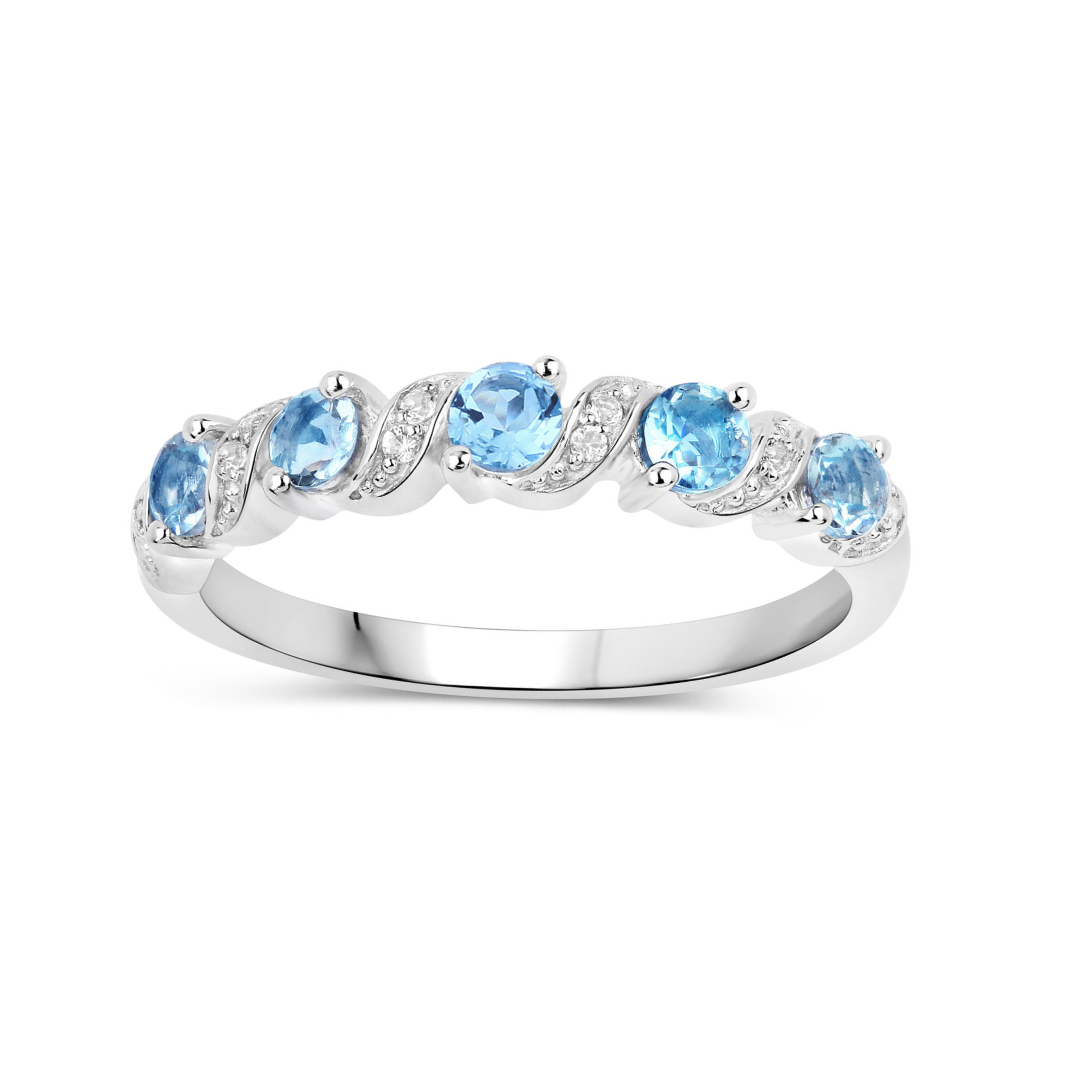 Genuine Swiss Blue Topaz 5 Stone Sterling Silver Ring