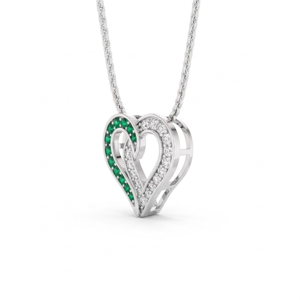 0.64 Cttw Round Emerald and Lab Grown Diamond 14K Gold Pave Open Heart Pendant Necklace