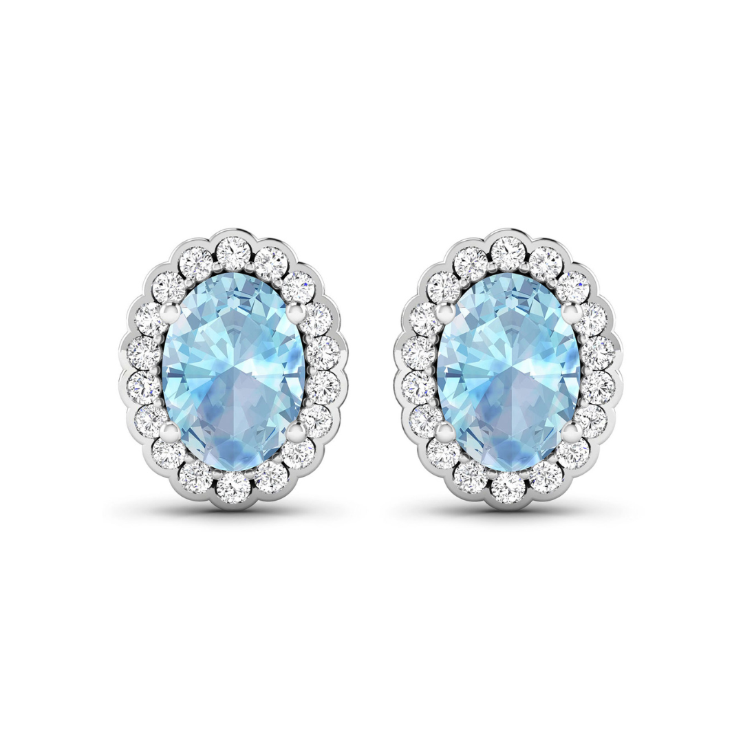 Genuine Aquamarine Diamond Oval Stud Earrings