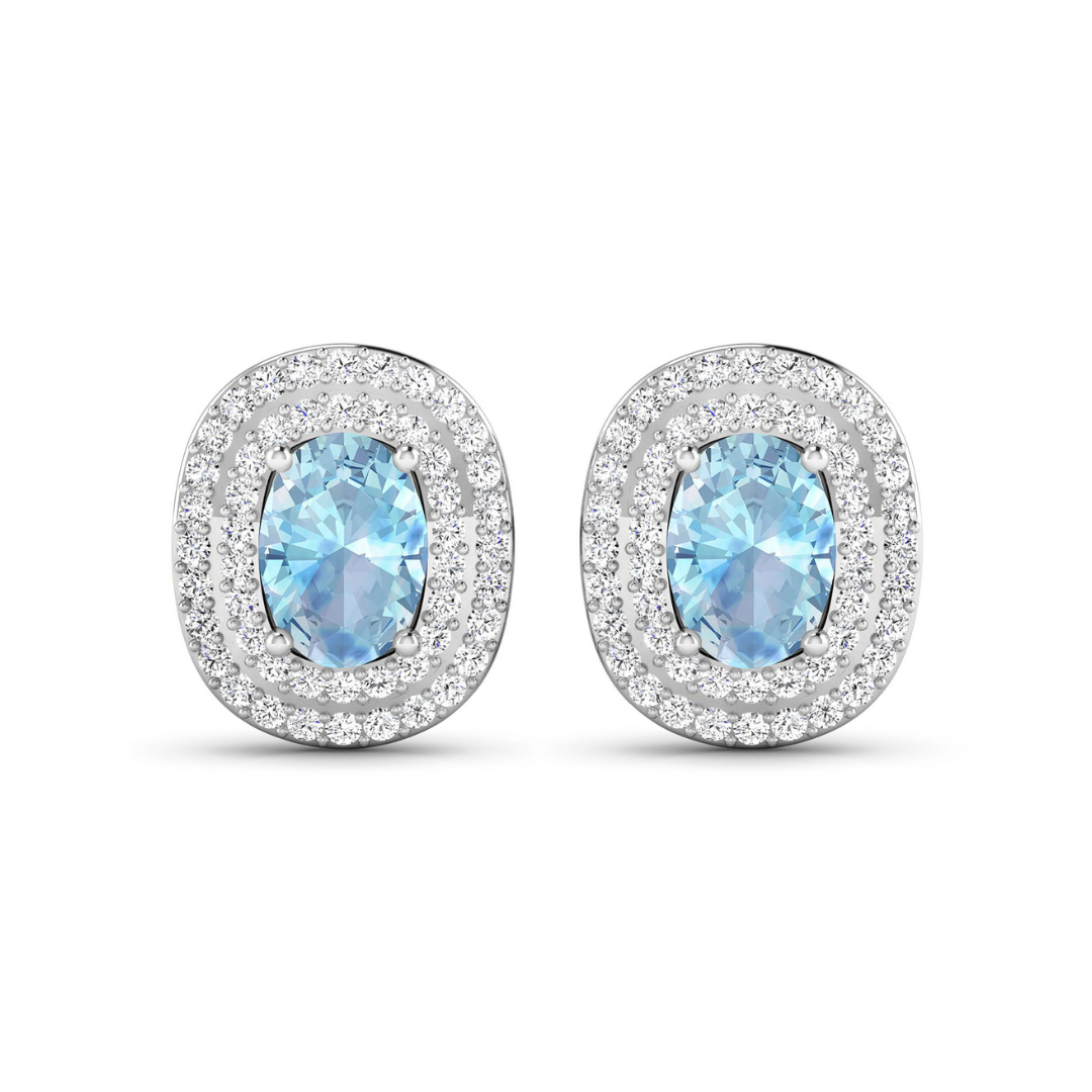 Genuine Diamond and Aquamarine Oval Stud Earrings