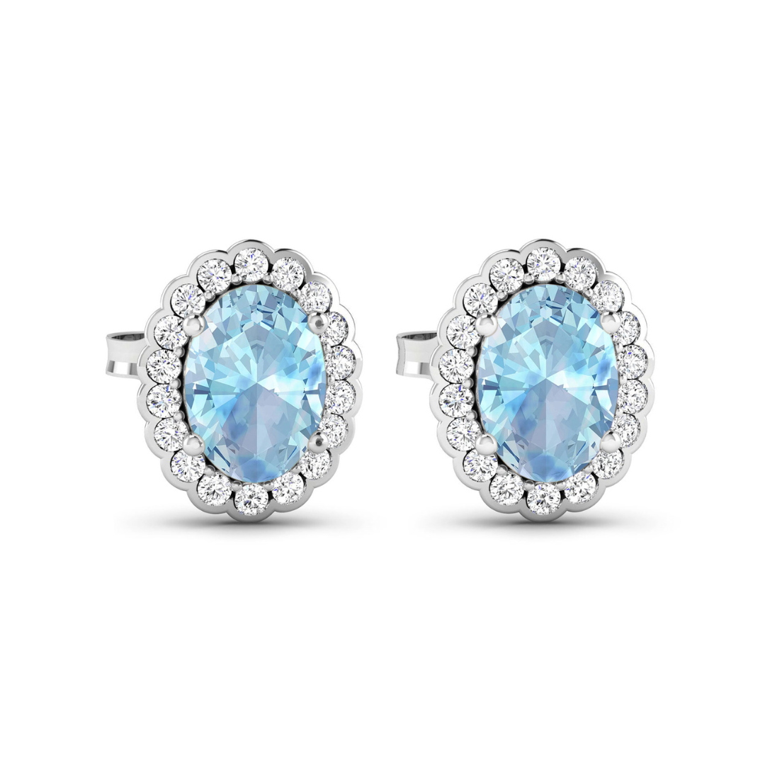 Genuine Aquamarine Diamond Oval Stud Earrings
