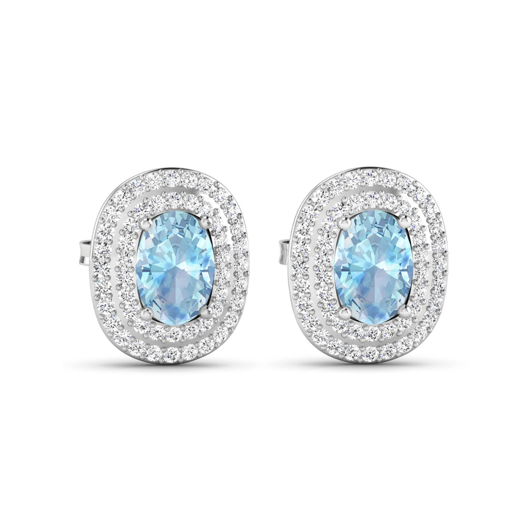 Genuine Diamond and Aquamarine Oval Stud Earrings