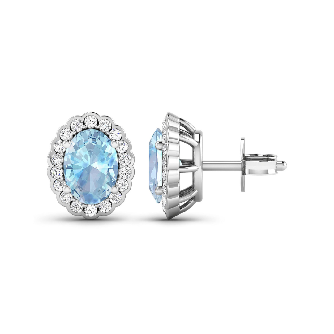 Genuine Aquamarine Diamond Oval Stud Earrings
