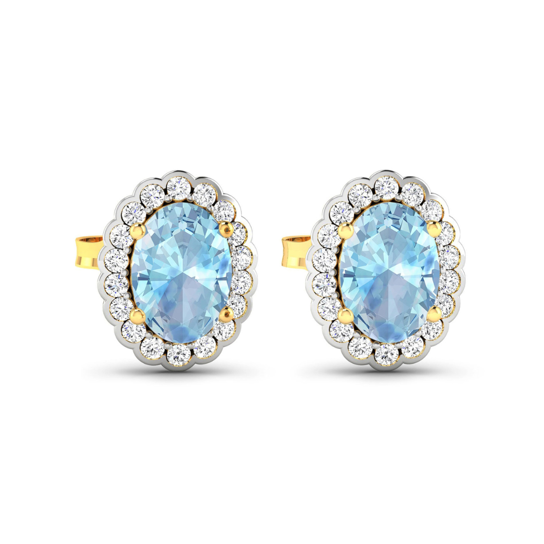 Genuine Aquamarine Diamond Oval Stud Earrings