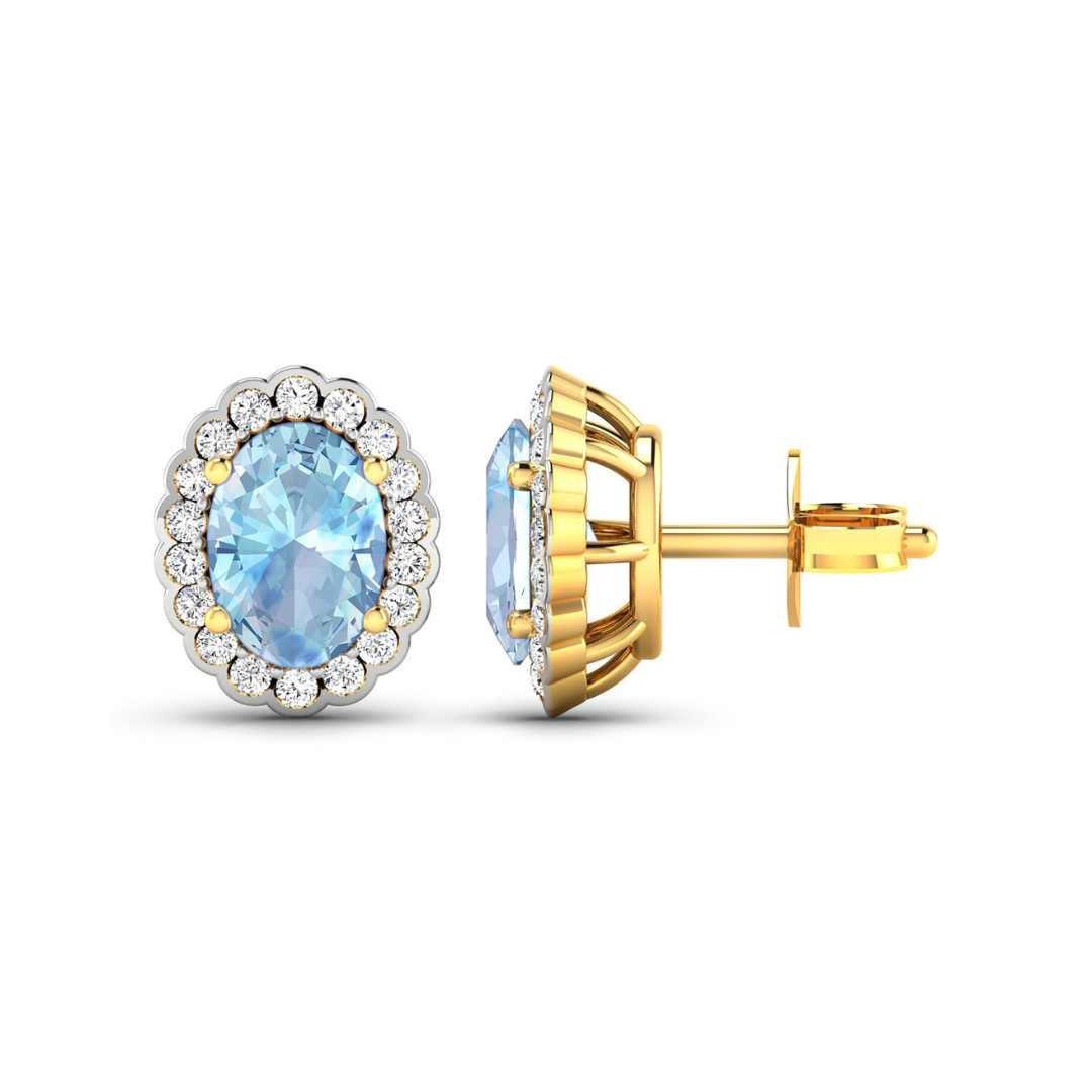 Genuine Aquamarine Diamond Oval Stud Earrings