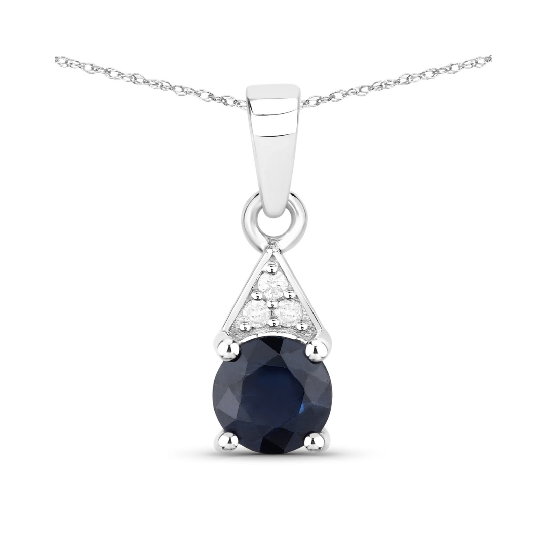 Genuine 10K Blue Sapphire and Diamond Solitaire Pendant