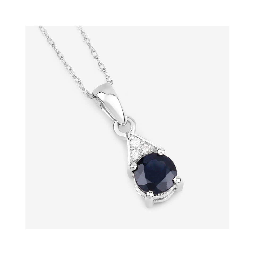Genuine 10K Blue Sapphire and Diamond Solitaire Pendant