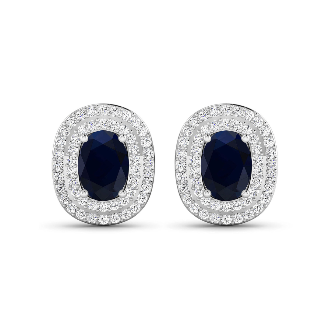 Genuine White Diamond and Blue Sapphire Studs