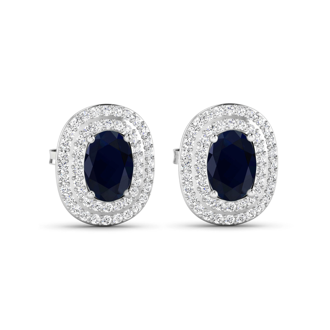 Genuine White Diamond and Blue Sapphire Studs
