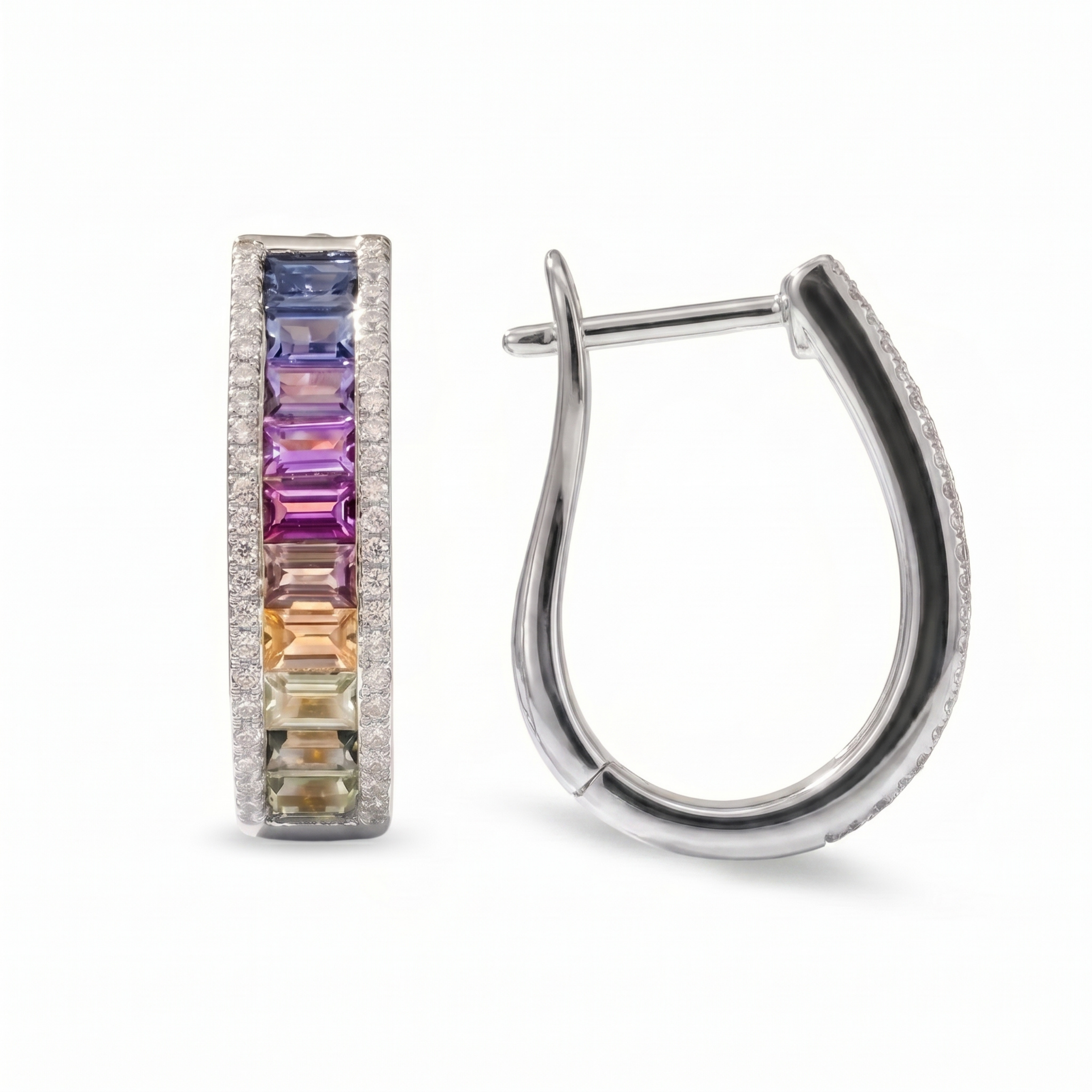 IGI Certified 2.13 Ct Multi Color Unheated Sapphire Diamond channel-set 14K White Gold J Hoop Earrings