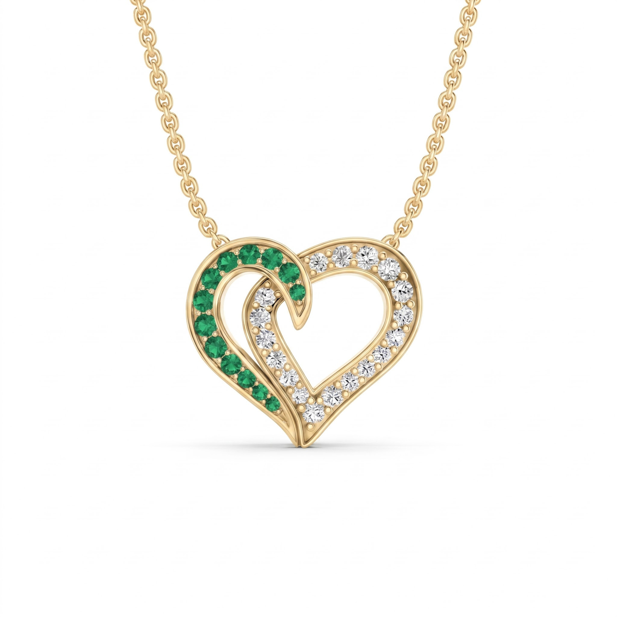 0.64 Cttw Round Emerald and Lab Grown Diamond 14K Gold Pave Open Heart Pendant Necklace
