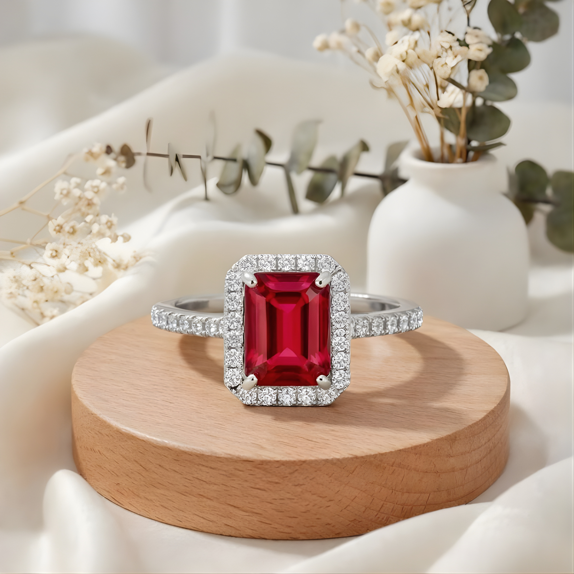 Bague octogonale en rubis cultivé en laboratoire