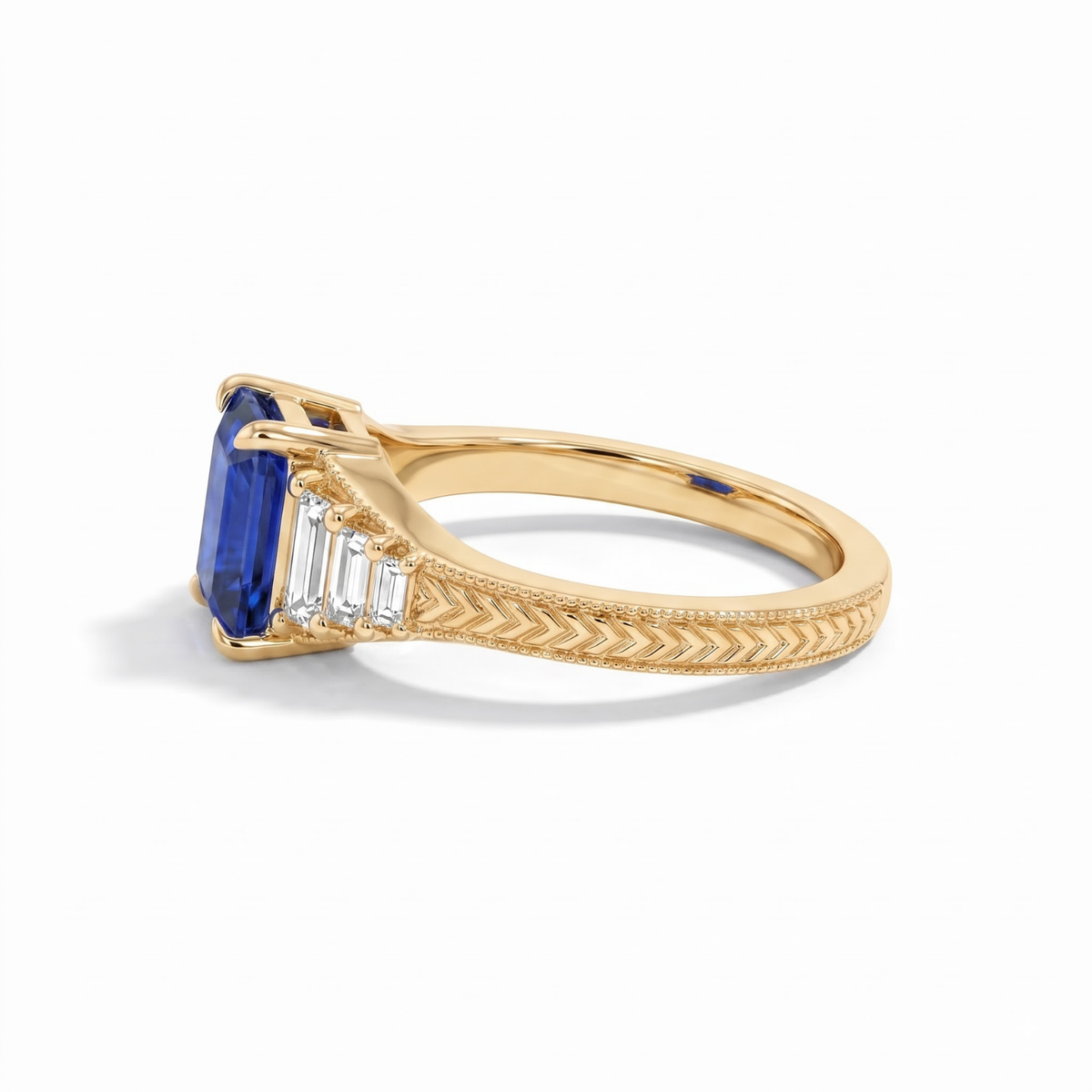 Octagon Sapphire, Emerald, Ruby and Lab Diamond 14K Yellow Gold Tapered Band Engagement Ring