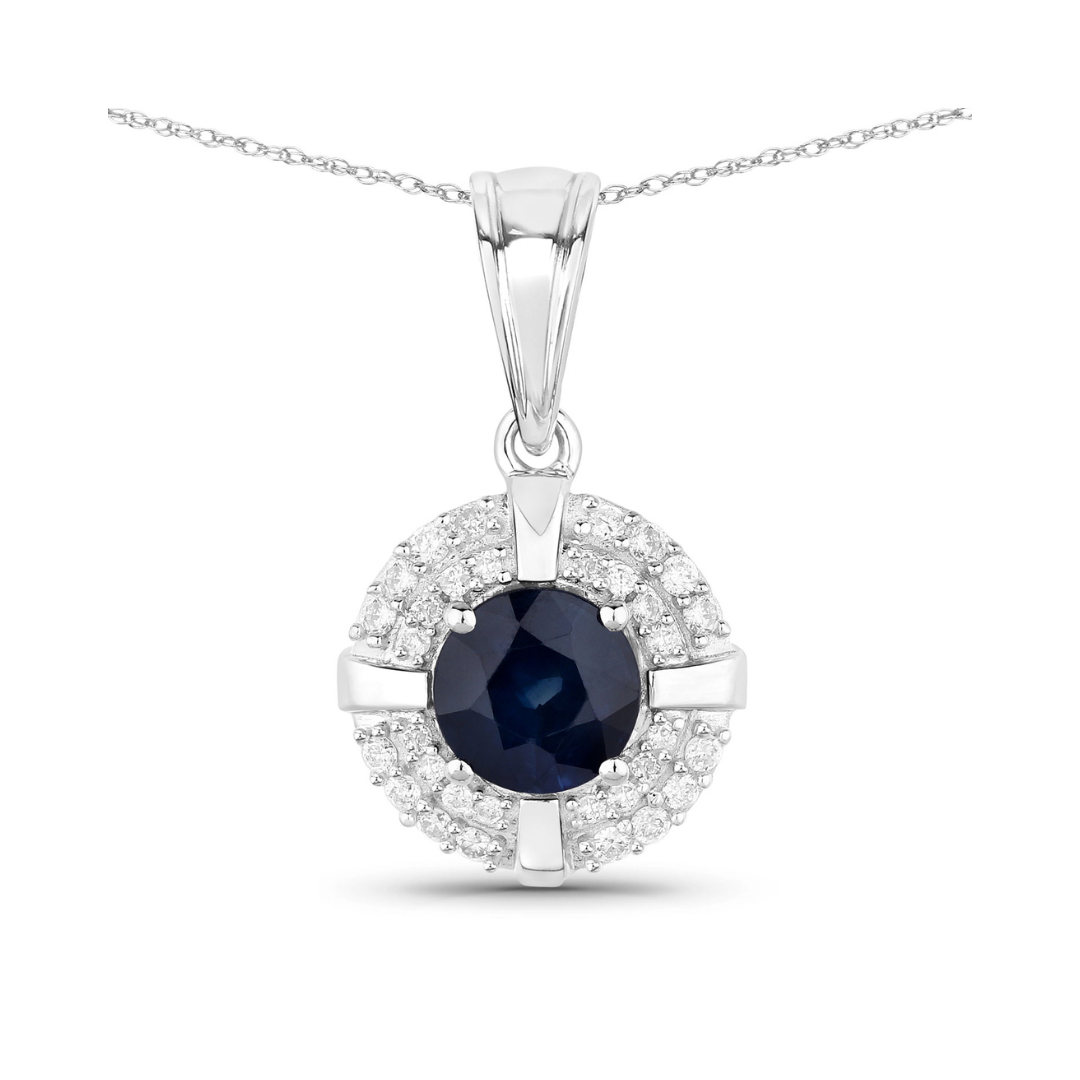Genuine 10K Blue Sapphire Diamond Halo Pendant