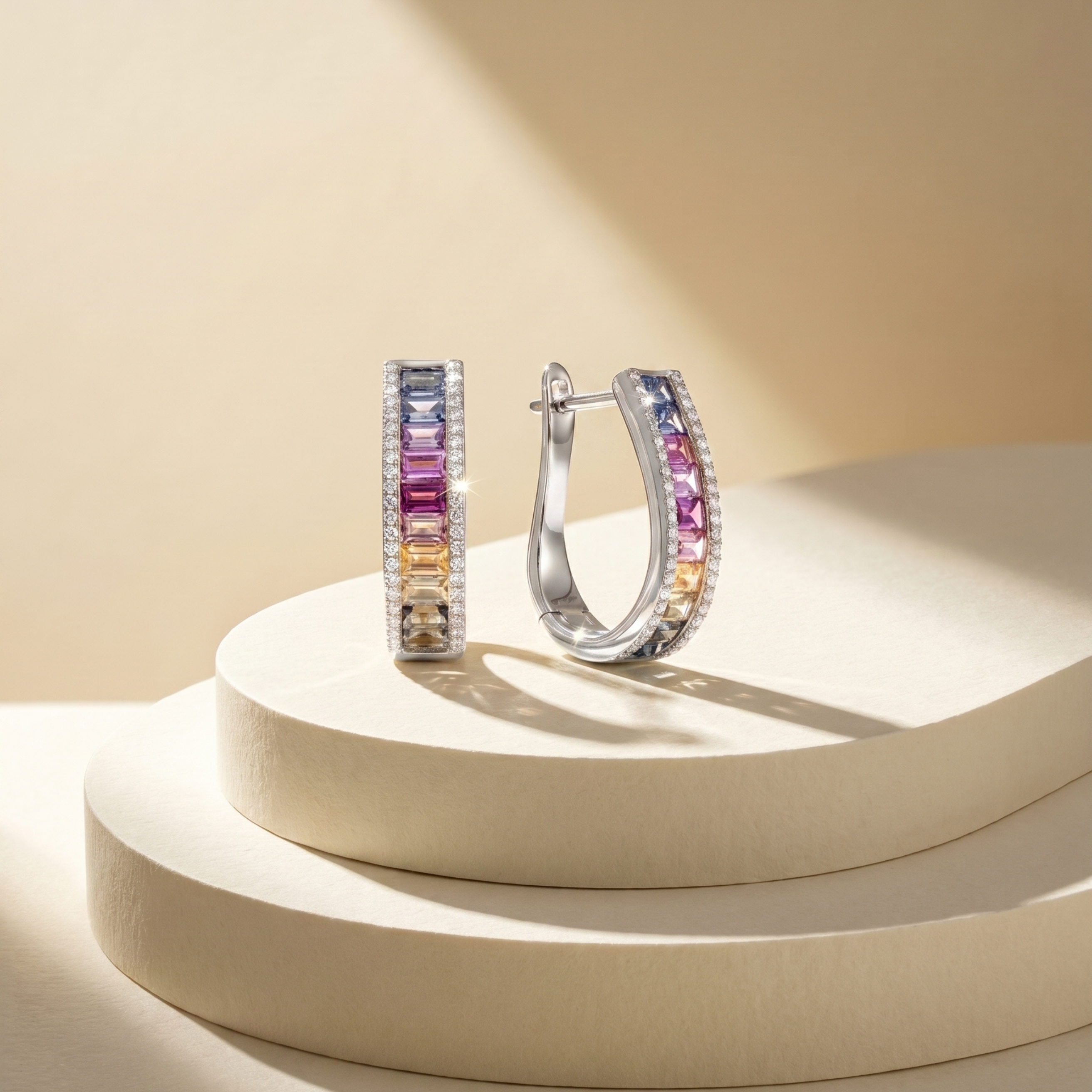 IGI Certified 2.13 Ct Multi Color Unheated Sapphire Diamond channel-set 14K White Gold J Hoop Earrings