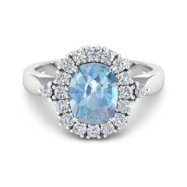 Genuine Cushion Cut Diamond and Aquamarine Halo Ring Gift For Women