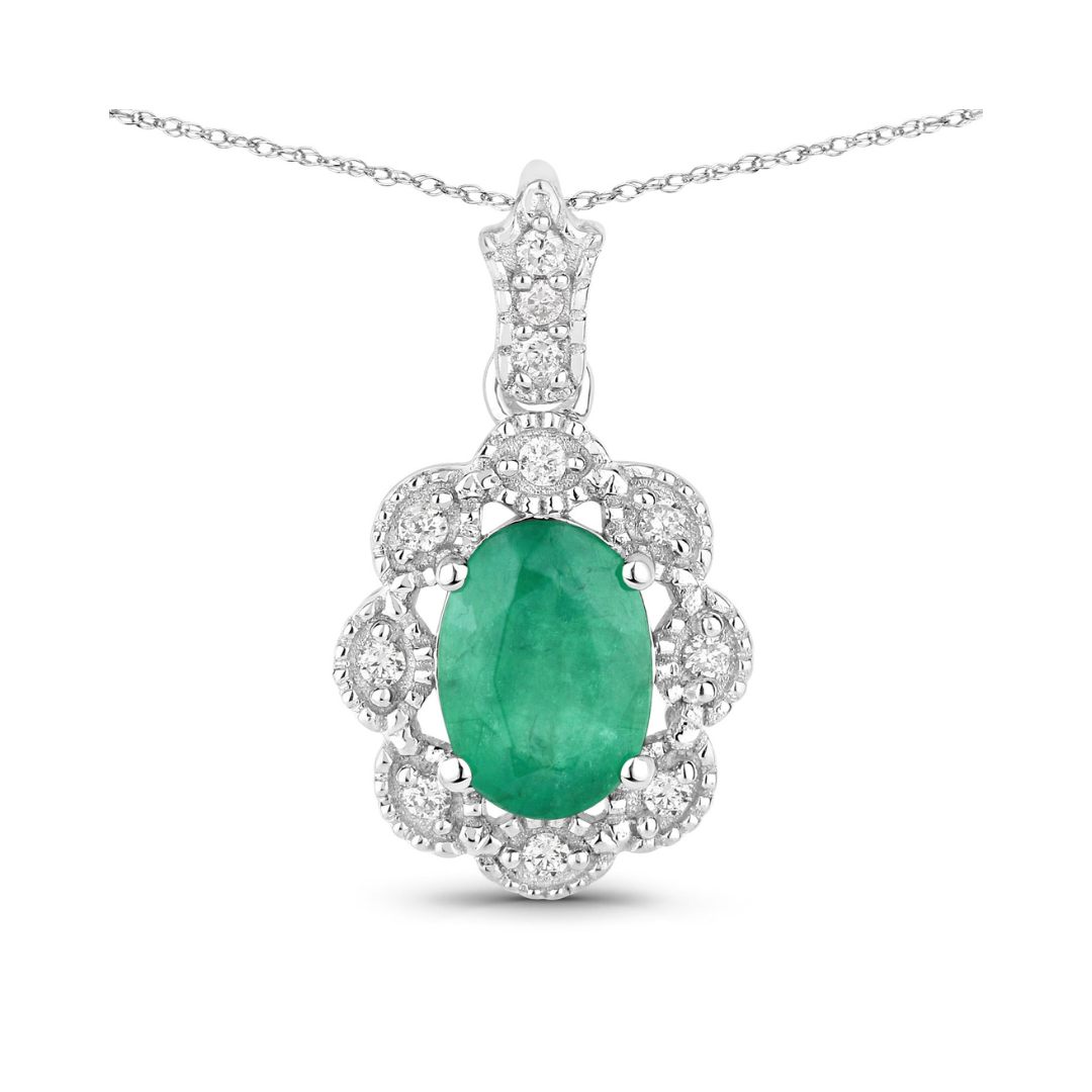 Genuine 10K Zambian Emerald Diamond Halo Pendant