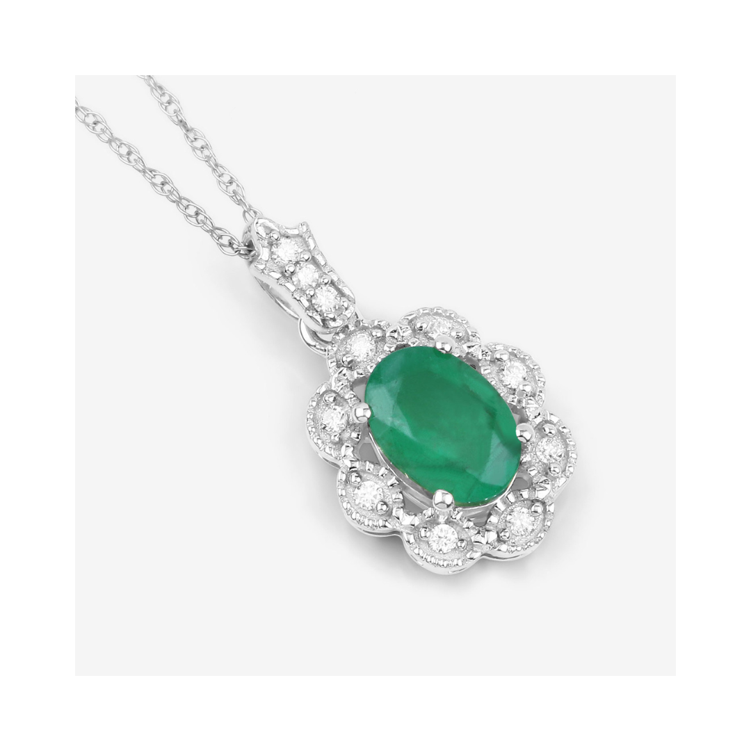 Genuine 10K Zambian Emerald Diamond Halo Pendant