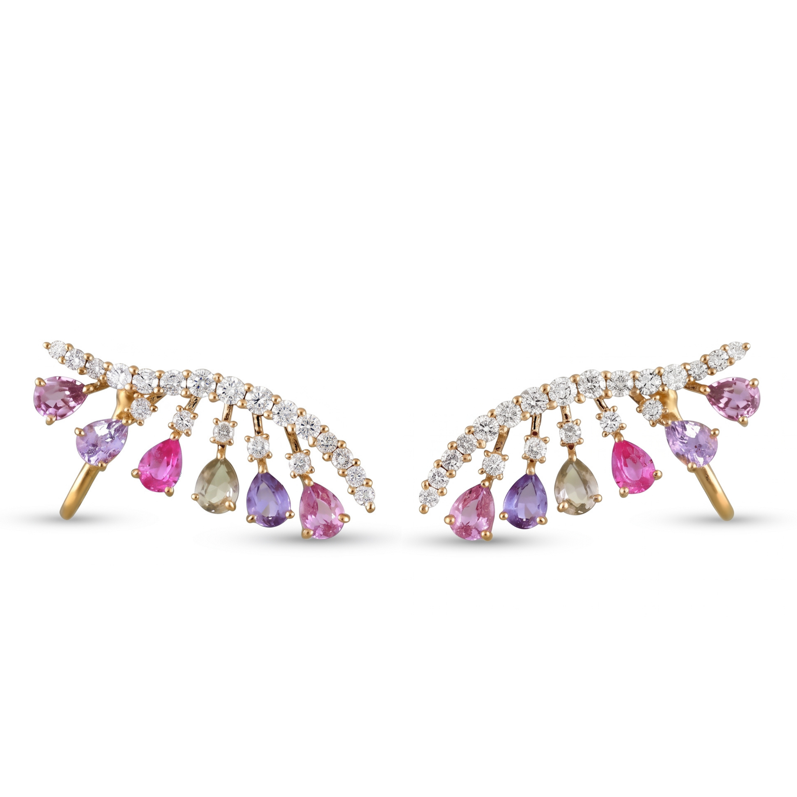 IGI Certified 2.01 Ct Pear Multi Color Unheated Sapphire and Diamond 14K Yellow Gold Ear Crawler Earrings