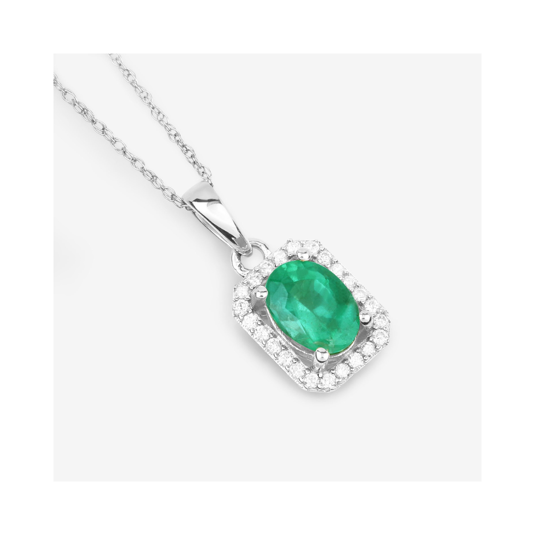Genuine 10K Zambian Emerald and Diamond Halo Pendant