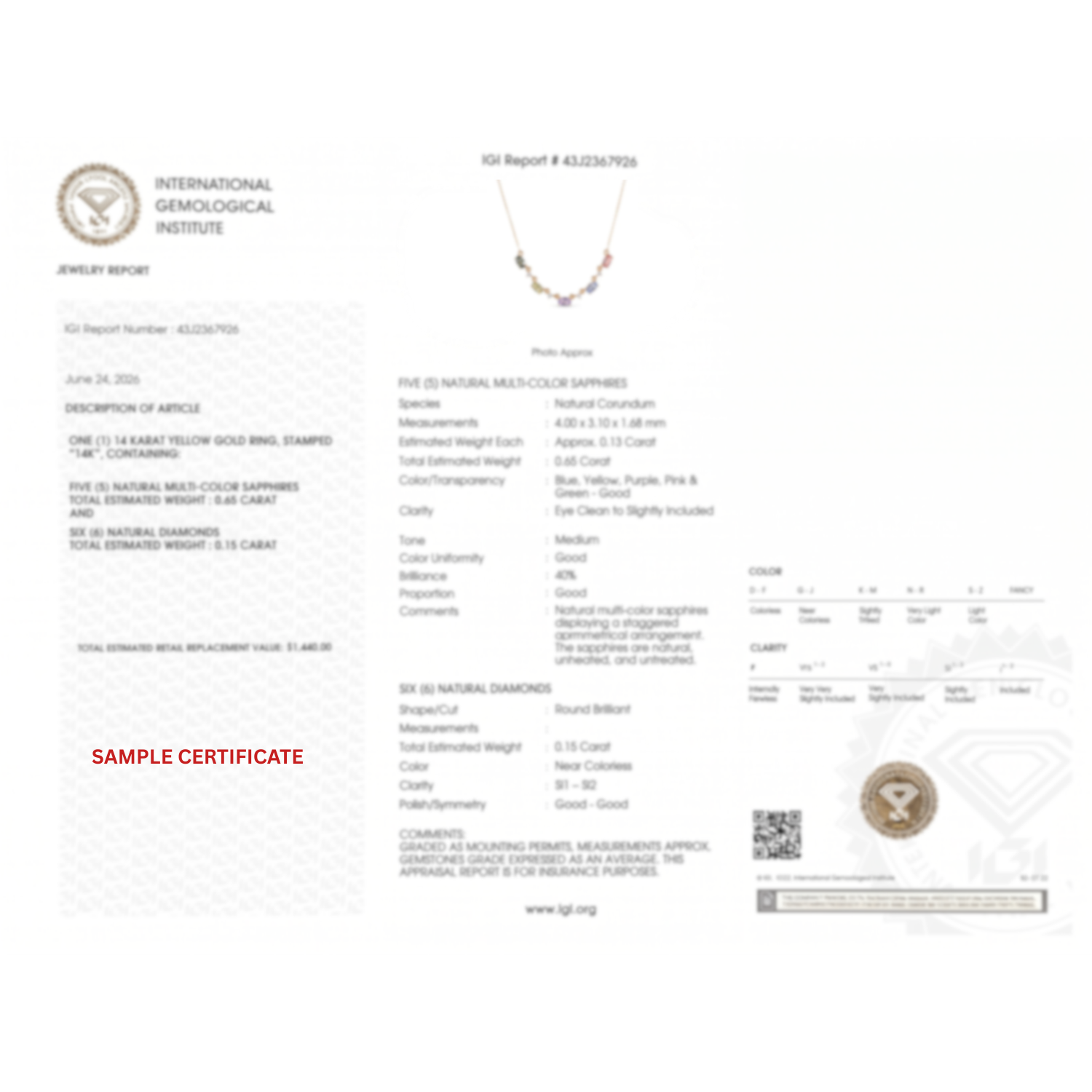 IGI Certified 1.80 Ct Multi Color Unheated Sapphire and Diamond 14K Yellow Gold Curved Necklace