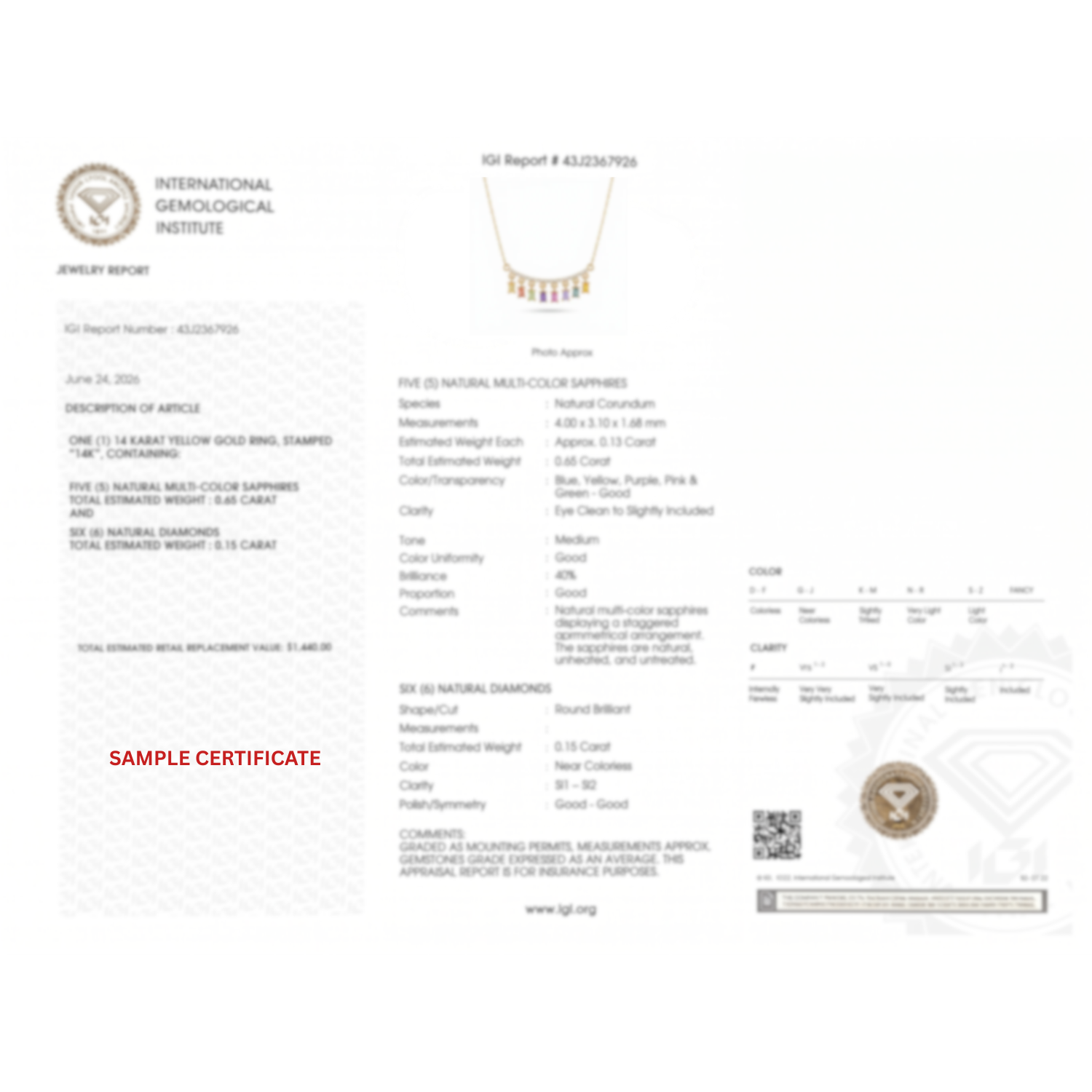 IGI Certified 0.78 Ct Baguette Multi Color Unheated Sapphire and Diamond 14K Yellow Gold Dangler Bar Necklace