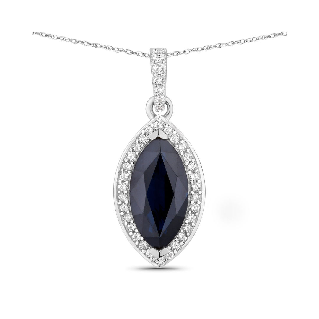 Genuine 10K Blue Sapphire and Diamond Marquise Pendant