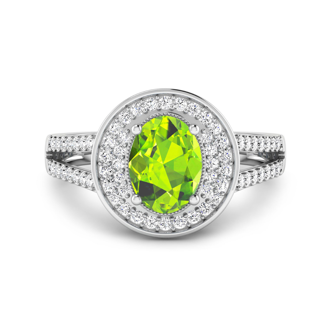 Genuine White Diamond and Peridot Halo Ring