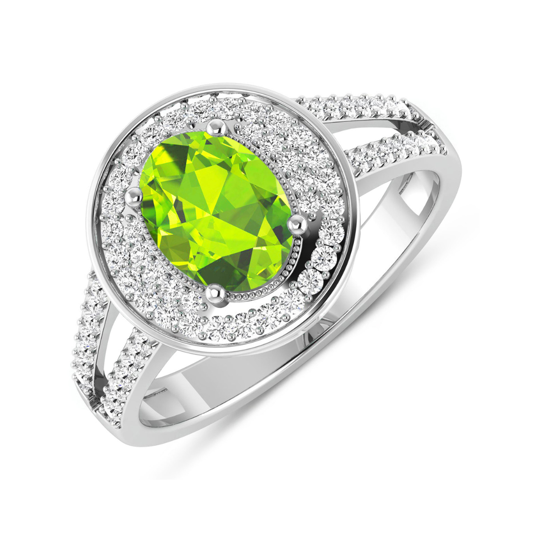 Genuine White Diamond and Peridot Halo Ring