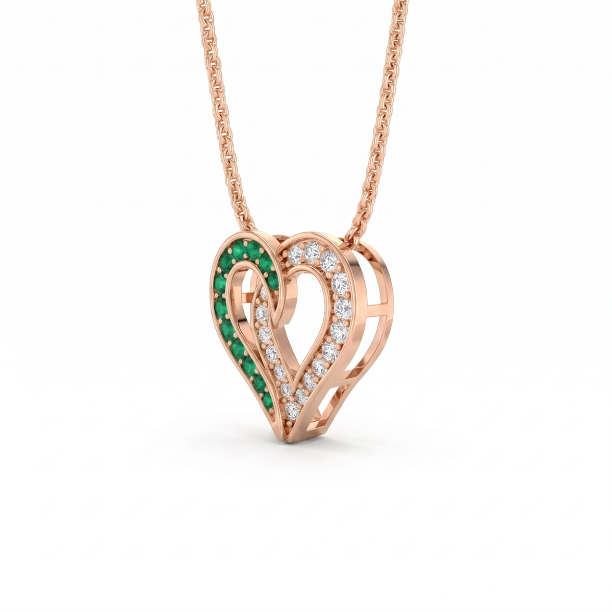 0.64 Cttw Round Emerald and Lab Grown Diamond 14K Gold Pave Open Heart Pendant Necklace