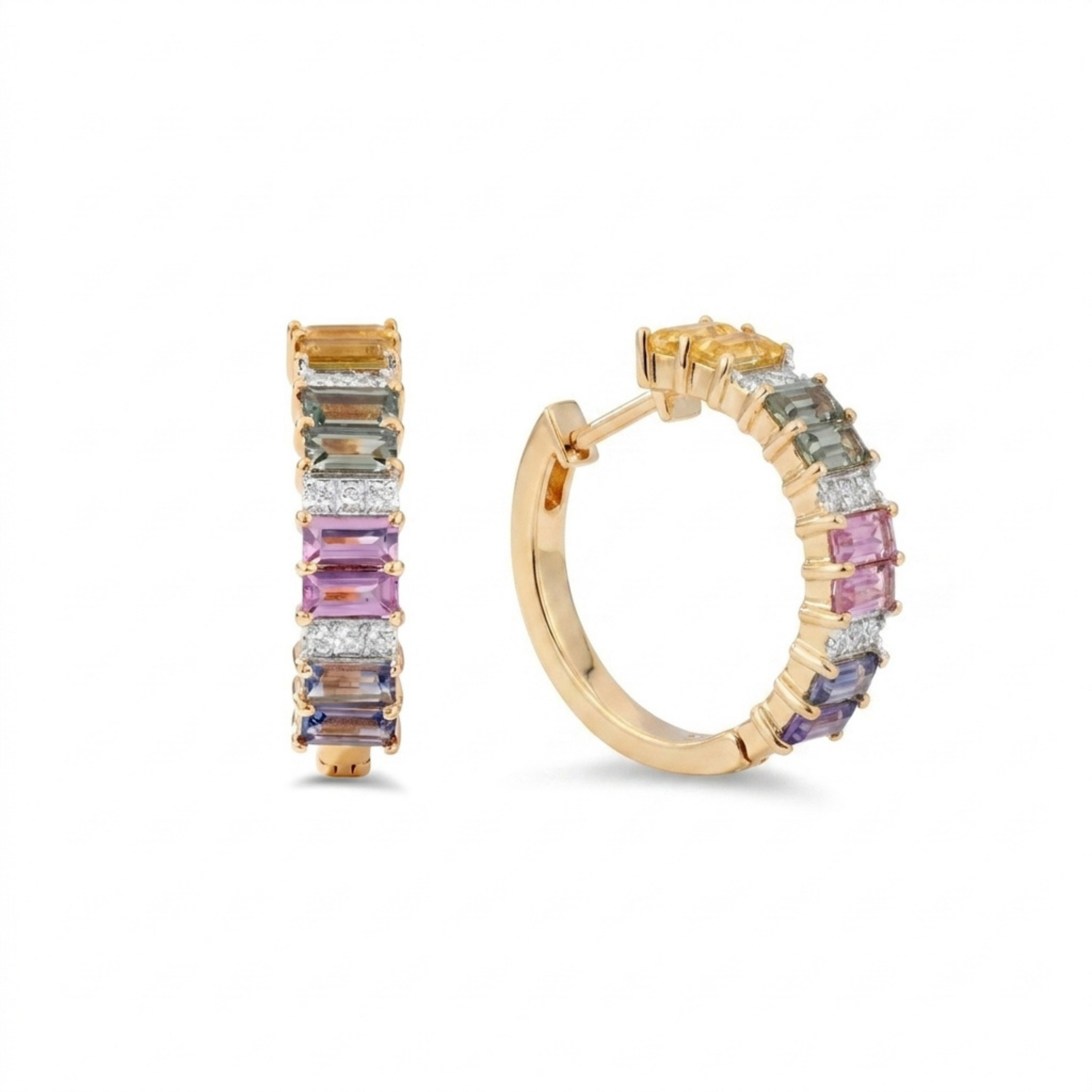 IGI Certified 2.10 Ct Multi Color Unheated Sapphire and Diamond 14K Yellow Gold Half Way Hoop Earrings