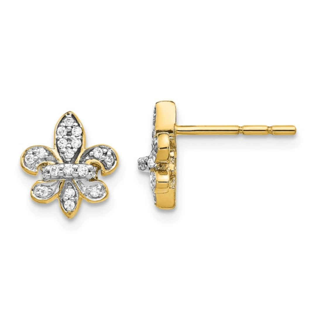 14K Gold Diamond Fleur de Lis Post Earrings, lilly flower earrings, lab grown diamond earrings, lab grown jewelry, nature lover jewelry unique earrings designs