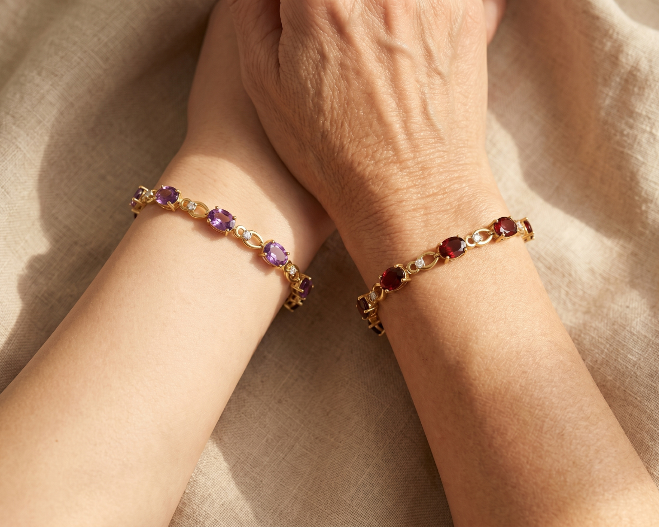 14k Yellow Gold Oval Red Garnet and Diamond Link 7 inch Bracelet