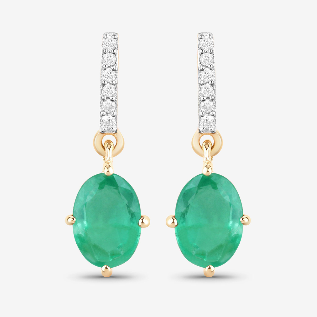 Genuine Zambian Emerald Diamond 10K Gold Oval Earrings
